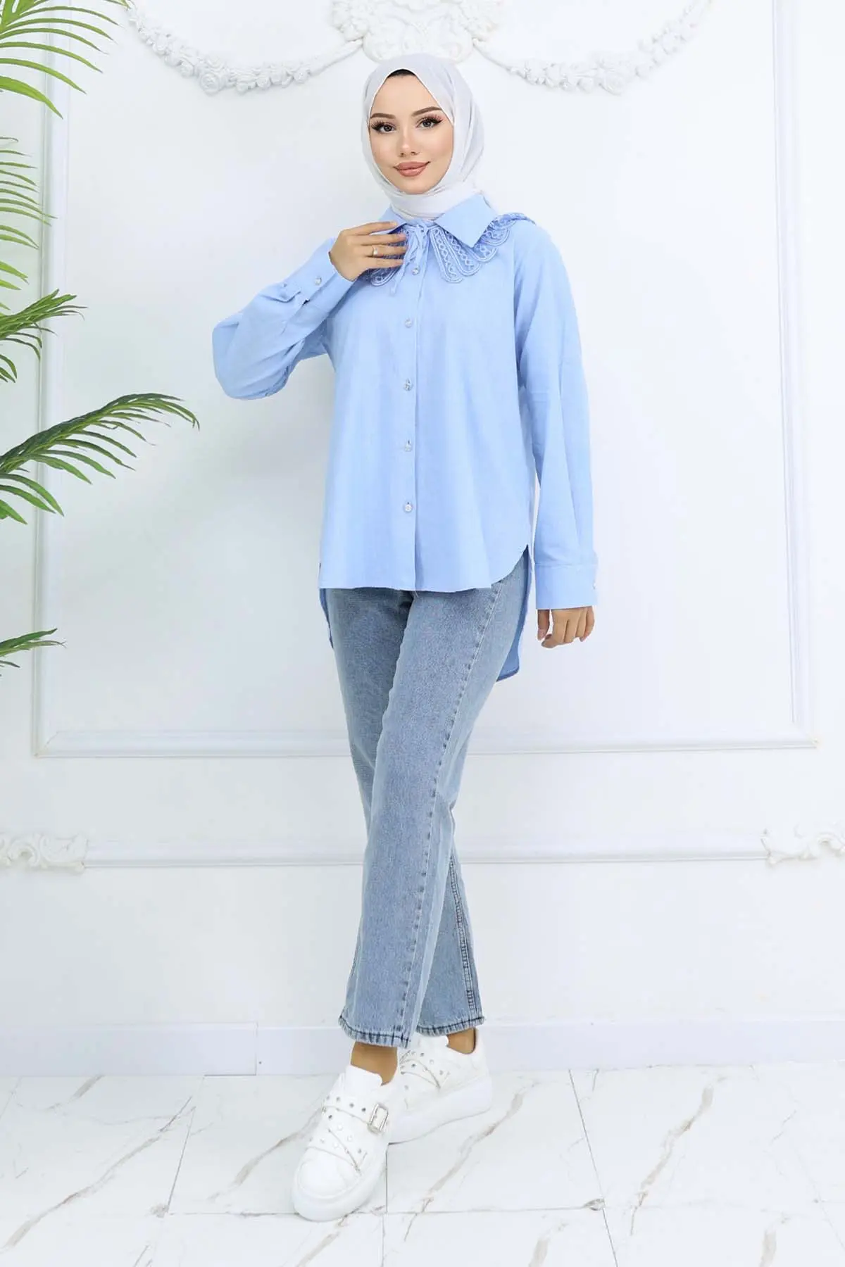 Dantel Detaylı Bebe Yakalıklı Gömlek Mavi 2214-detail