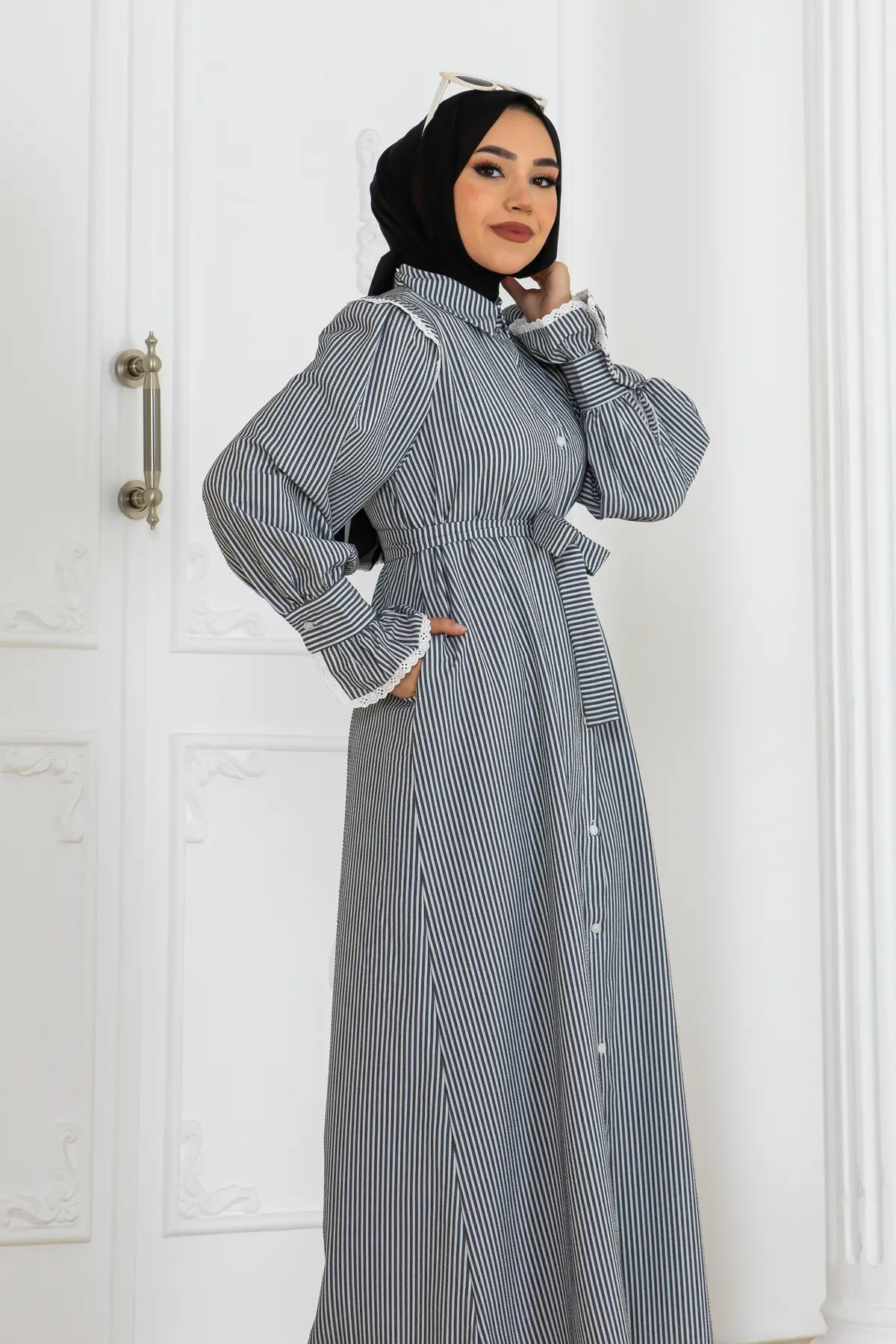 Striped Dress With Lace Detail-detail