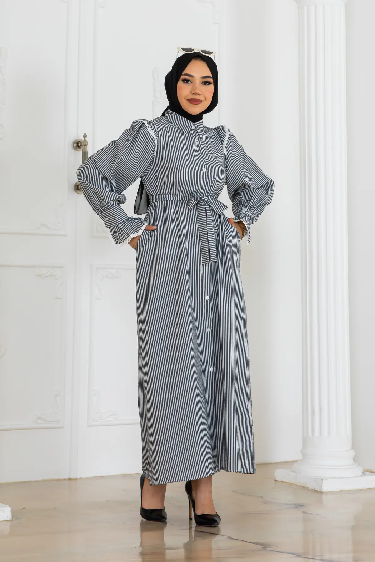 Striped Dress With Lace Detail-detail