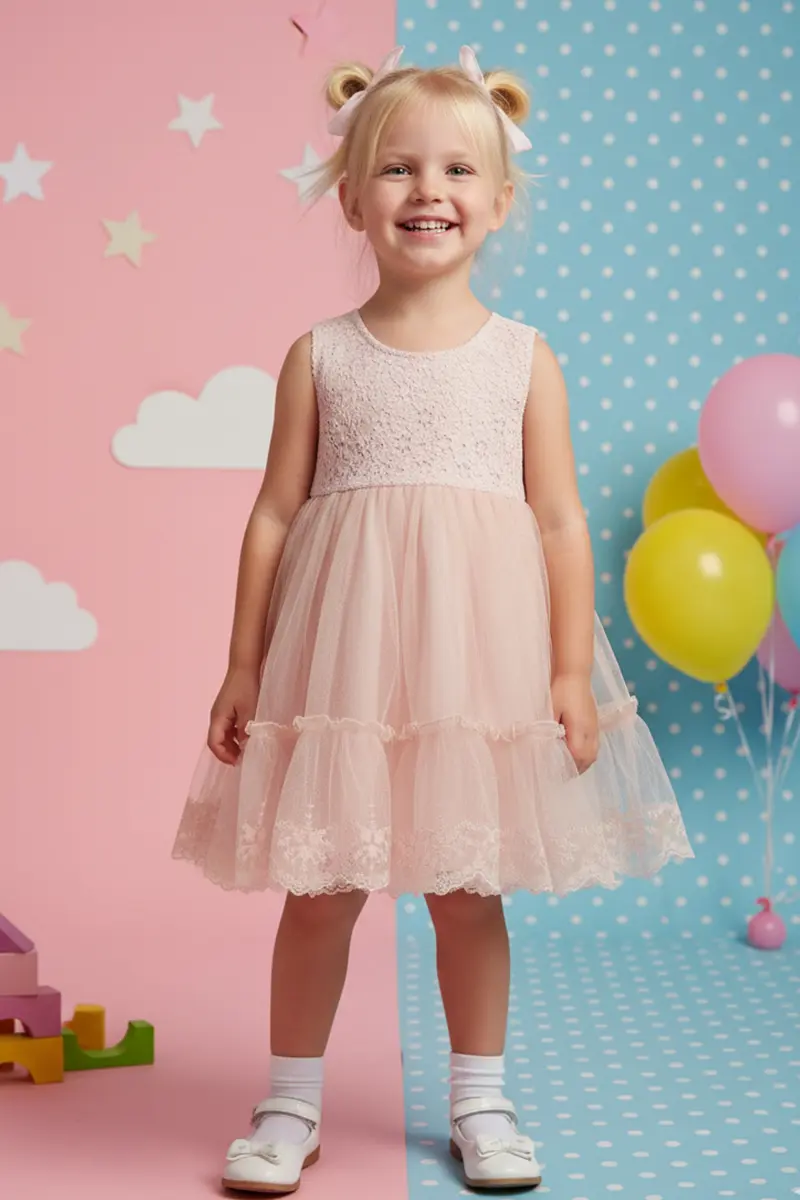 Dantelli Tül Etekli Kız Çocuk Elbise Ve Denim Ceket Seti-detail