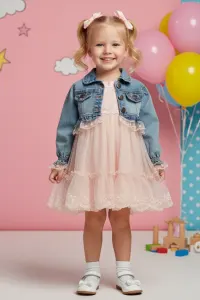 Girls' Tulle Dress And Denim Jacket Set With Lace Trim