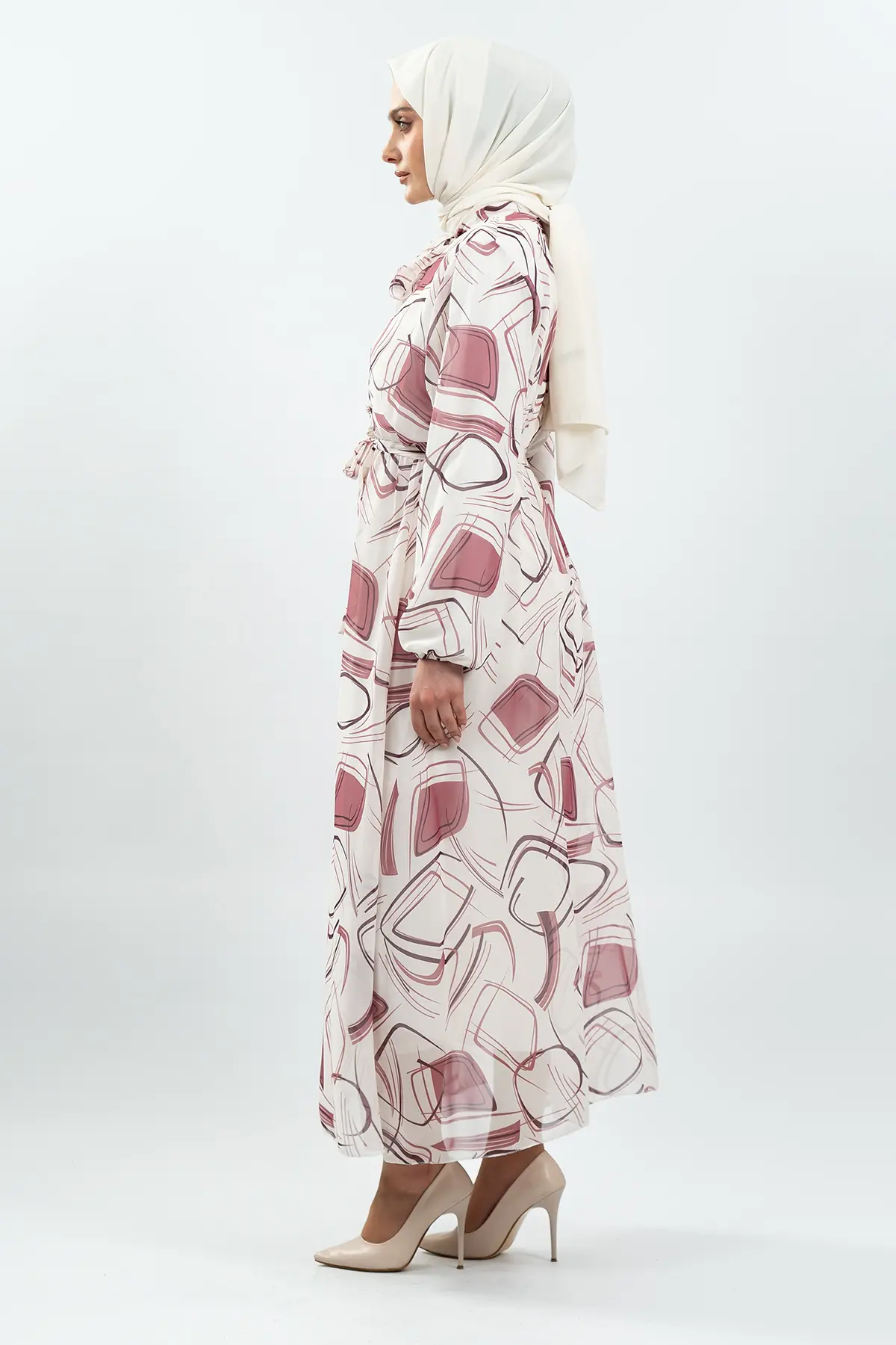 Desenli Beyaz Tesettür Elbise-detail