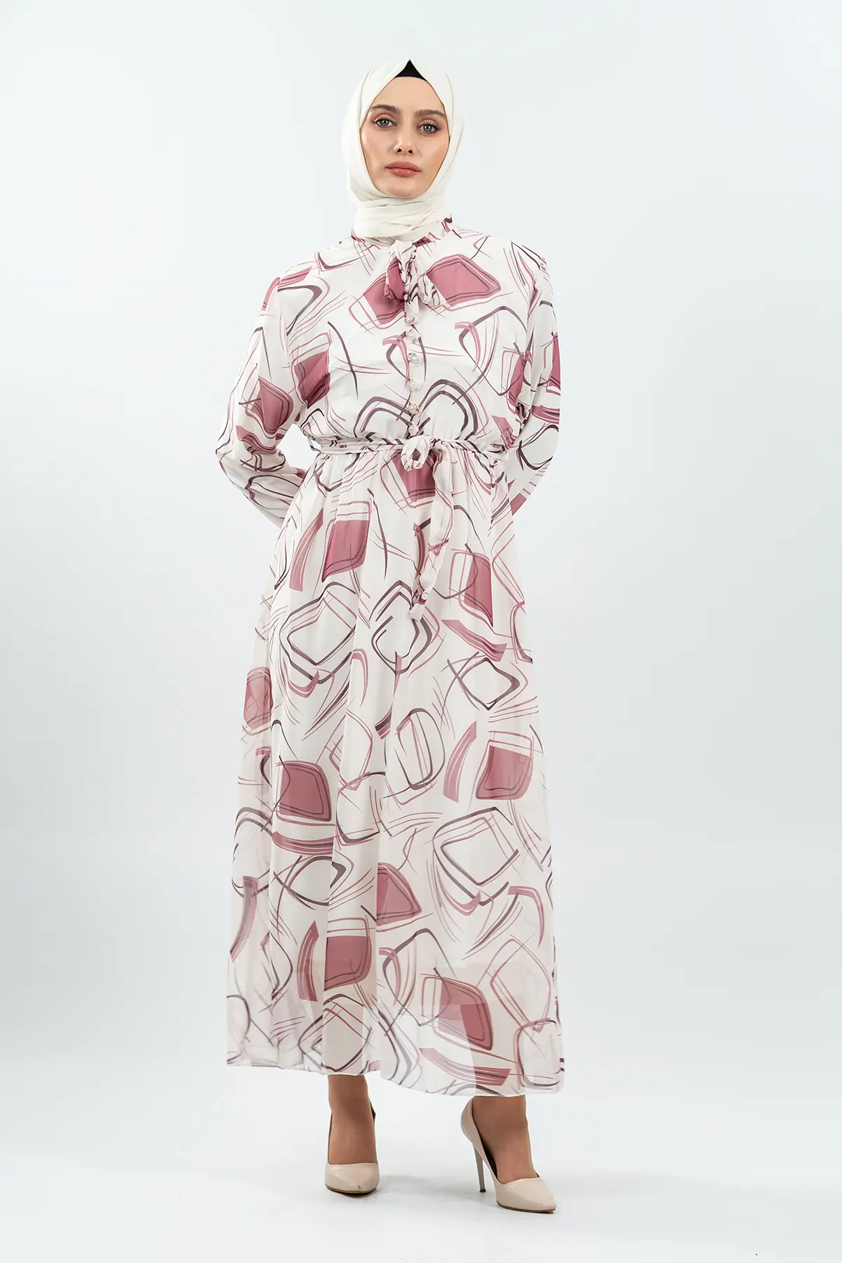 Desenli Beyaz Tesettür Elbise-detail
