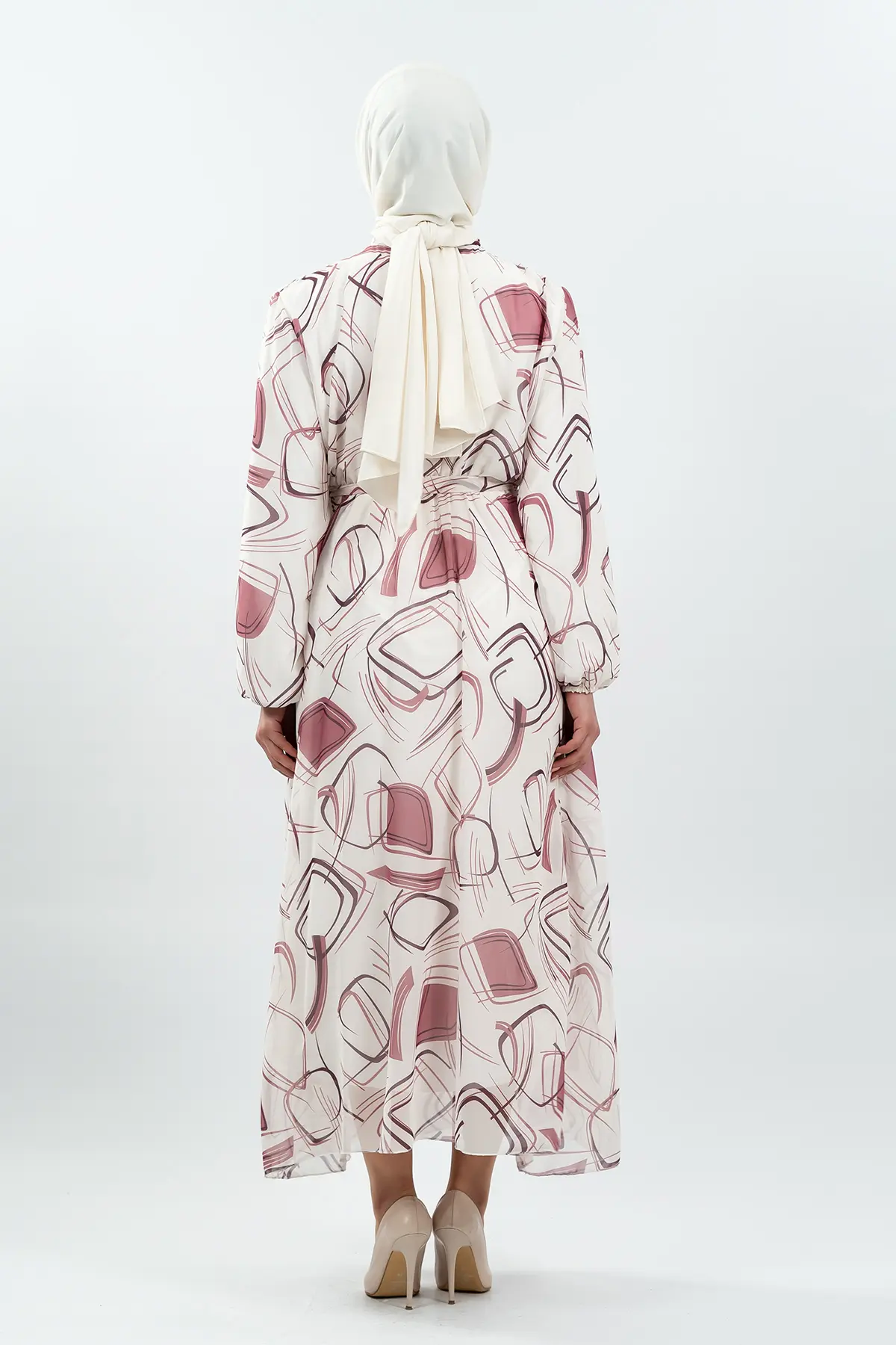 Desenli Beyaz Tesettür Elbise-detail