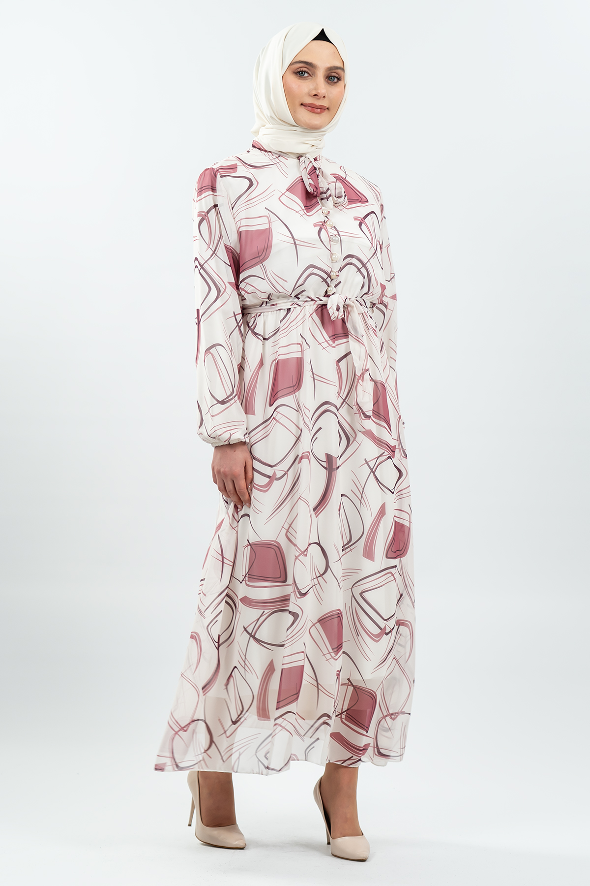Desenli Beyaz Tesettür Elbise