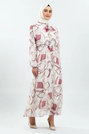 Desenli Beyaz Tesettür Elbise