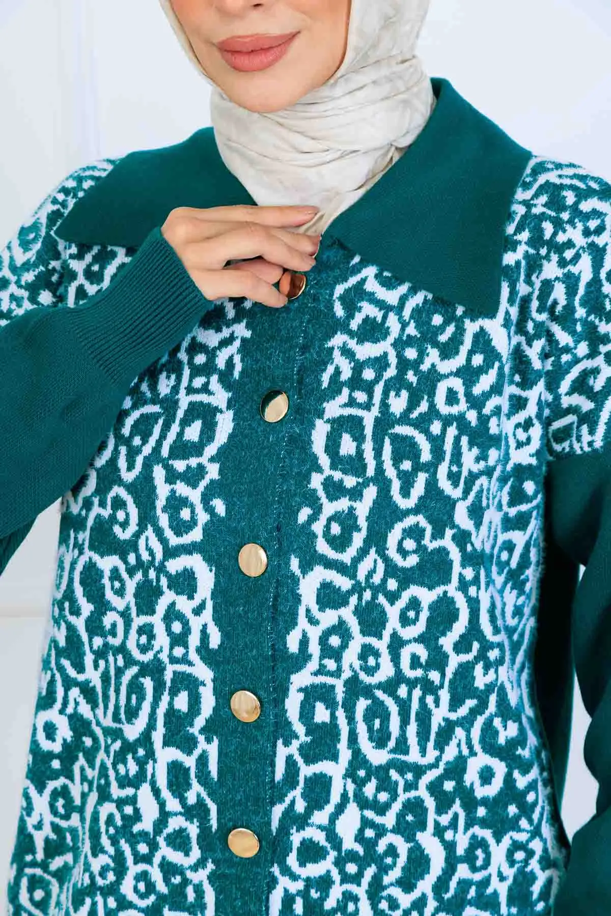 Desenli Düğme Detaylı Triko Takım-detail