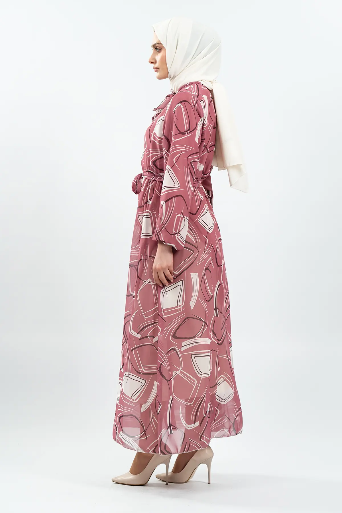 Desenli Gül Kurusu Tesettür Elbise-detail