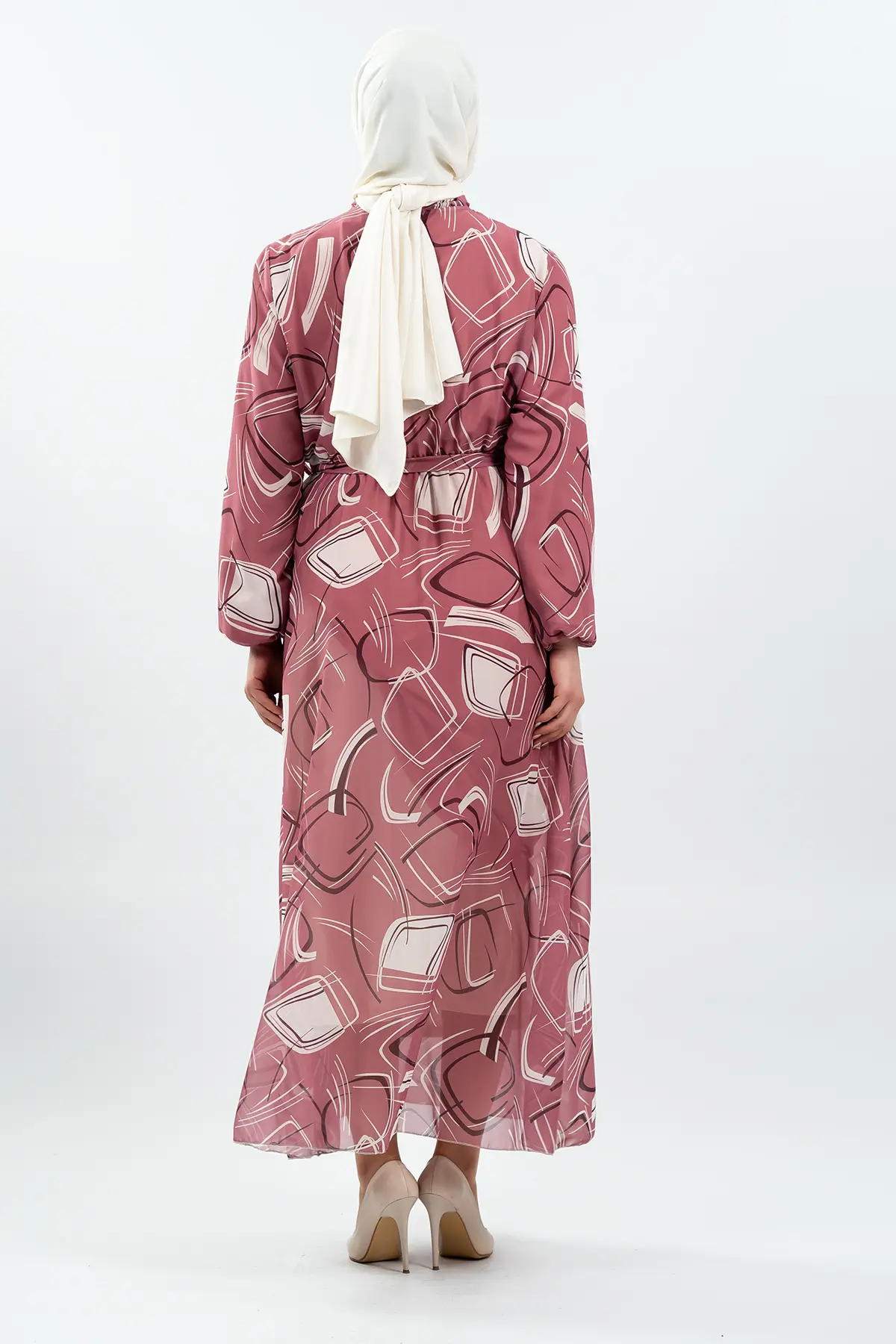 Desenli Gül Kurusu Tesettür Elbise-detail