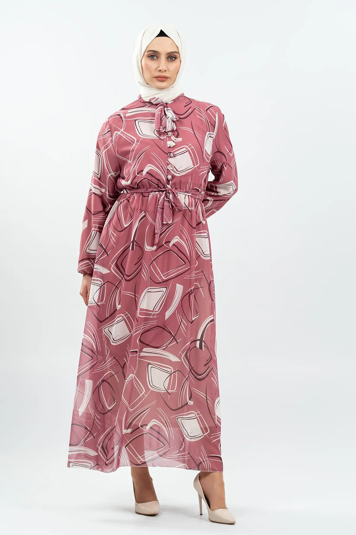 Desenli Gül Kurusu Tesettür Elbise-detail