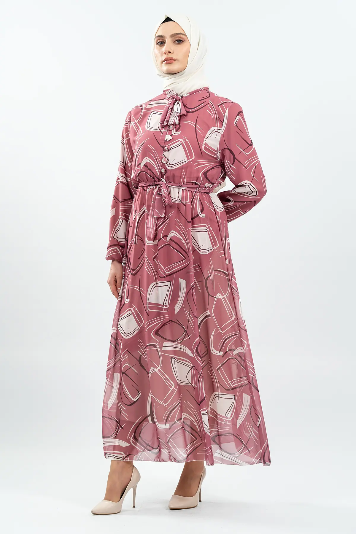 Desenli Gül Kurusu Tesettür Elbise-detail