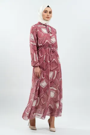 Desenli Gül Kurusu Tesettür Elbise