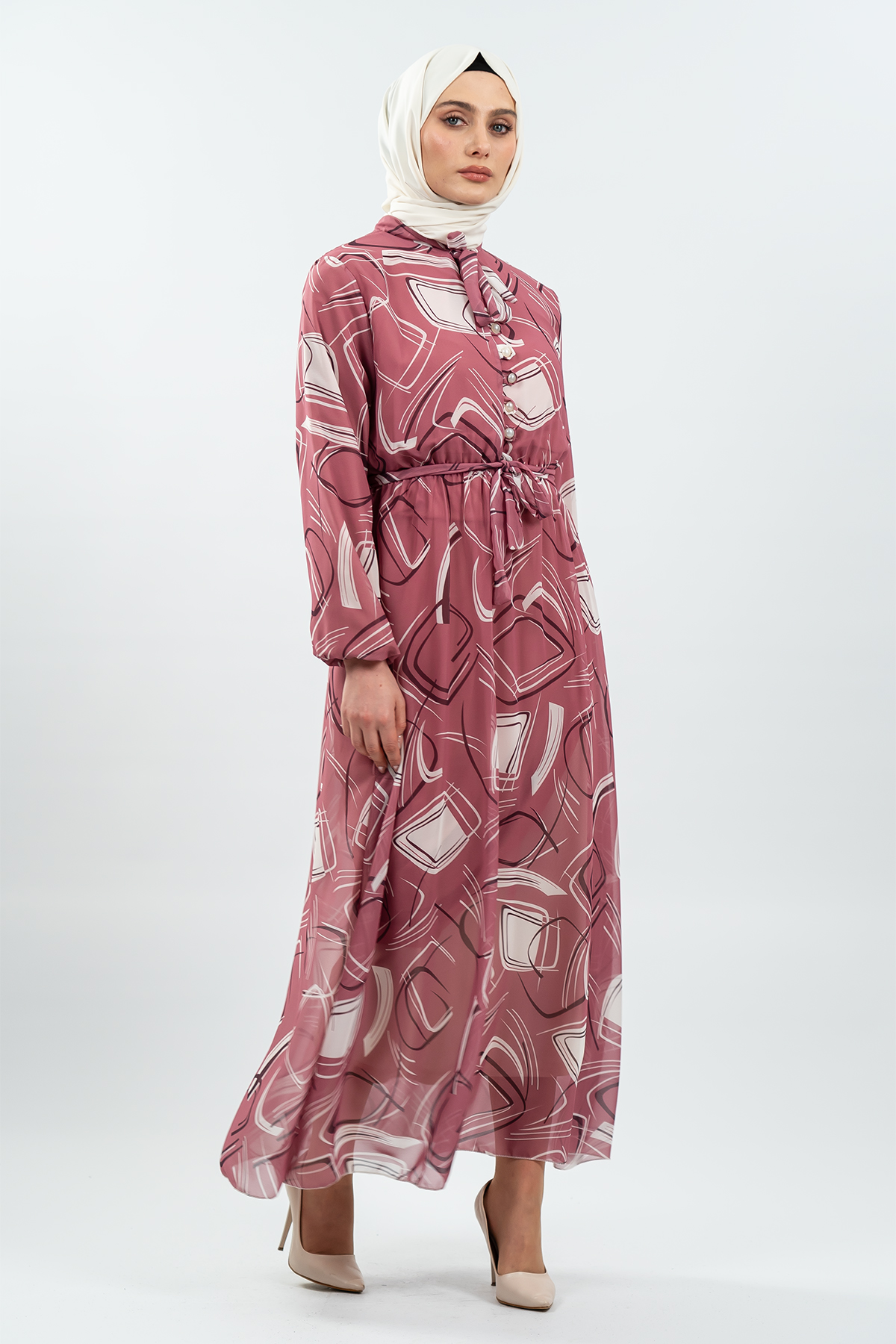 Desenli Gül Kurusu Tesettür Elbise