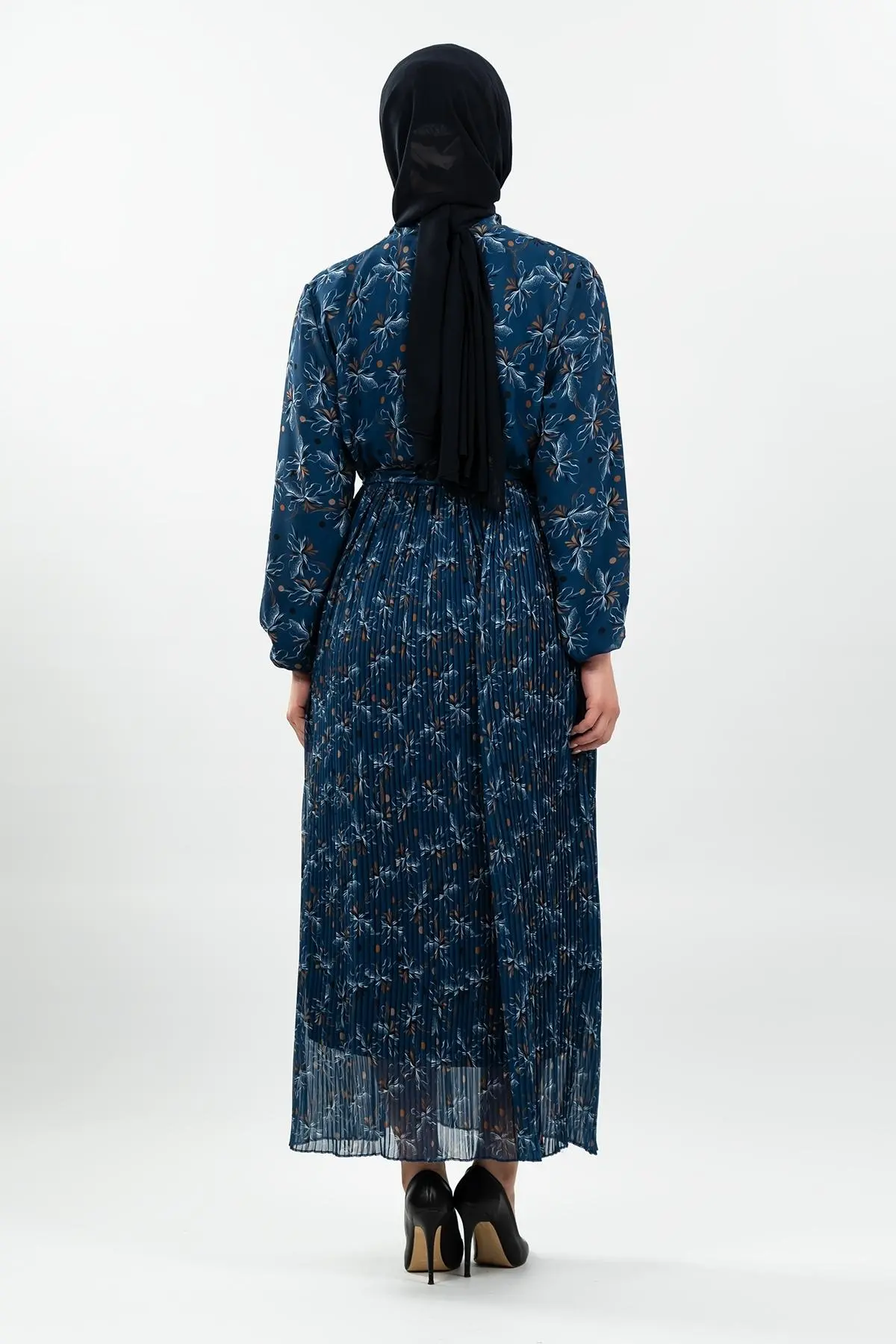 Desenli Indigo Tesettür Elbise-detail