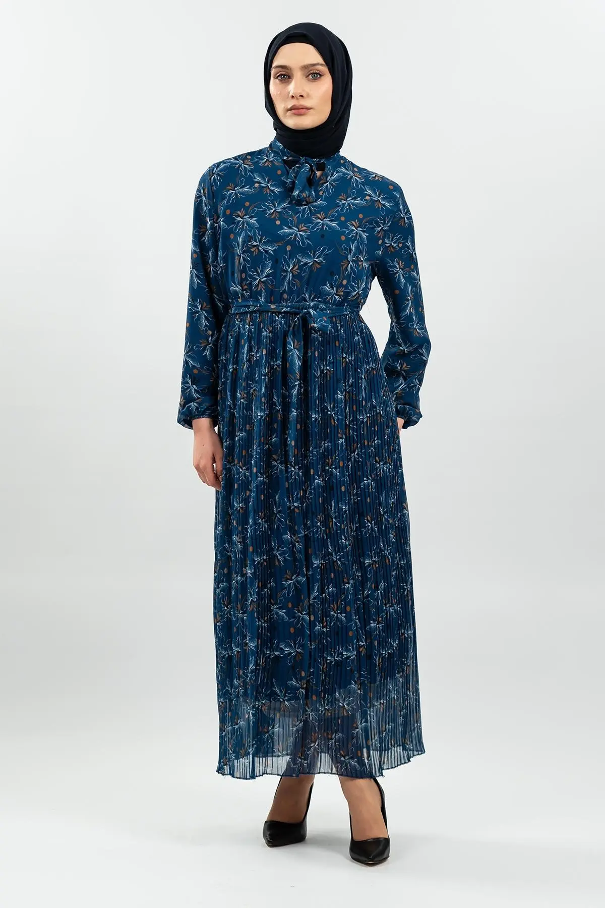 Desenli Indigo Tesettür Elbise-detail