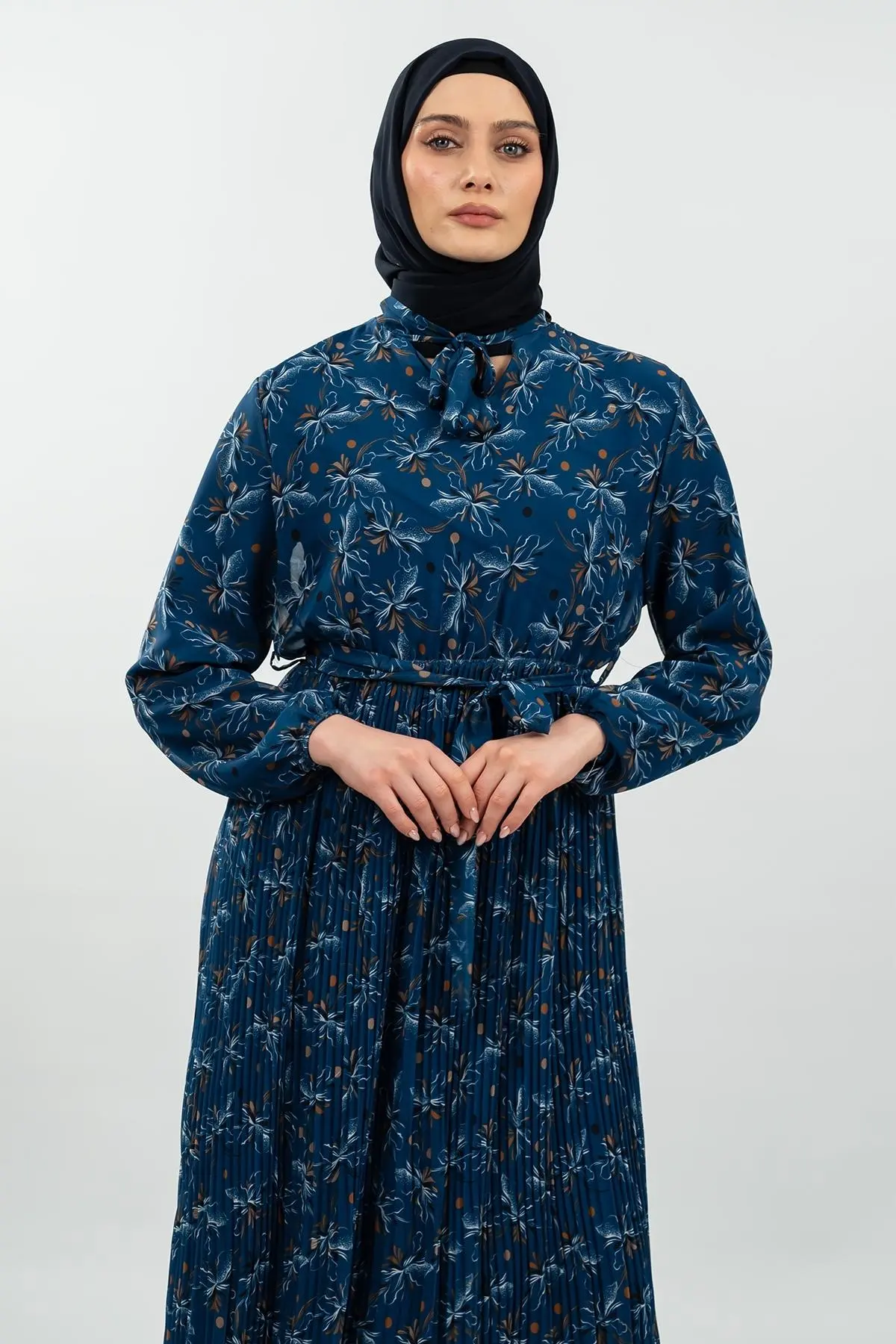 Desenli Indigo Tesettür Elbise-detail