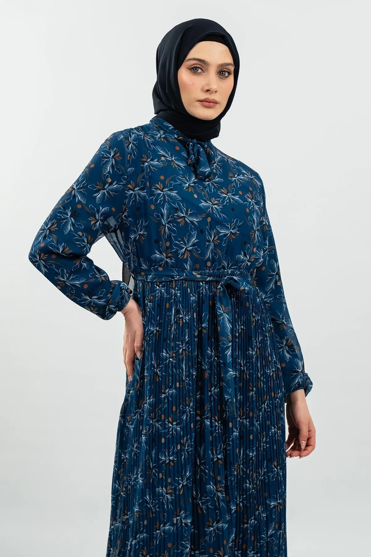 Desenli Indigo Tesettür Elbise-detail