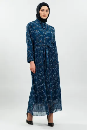 Desenli Indigo Tesettür Elbise