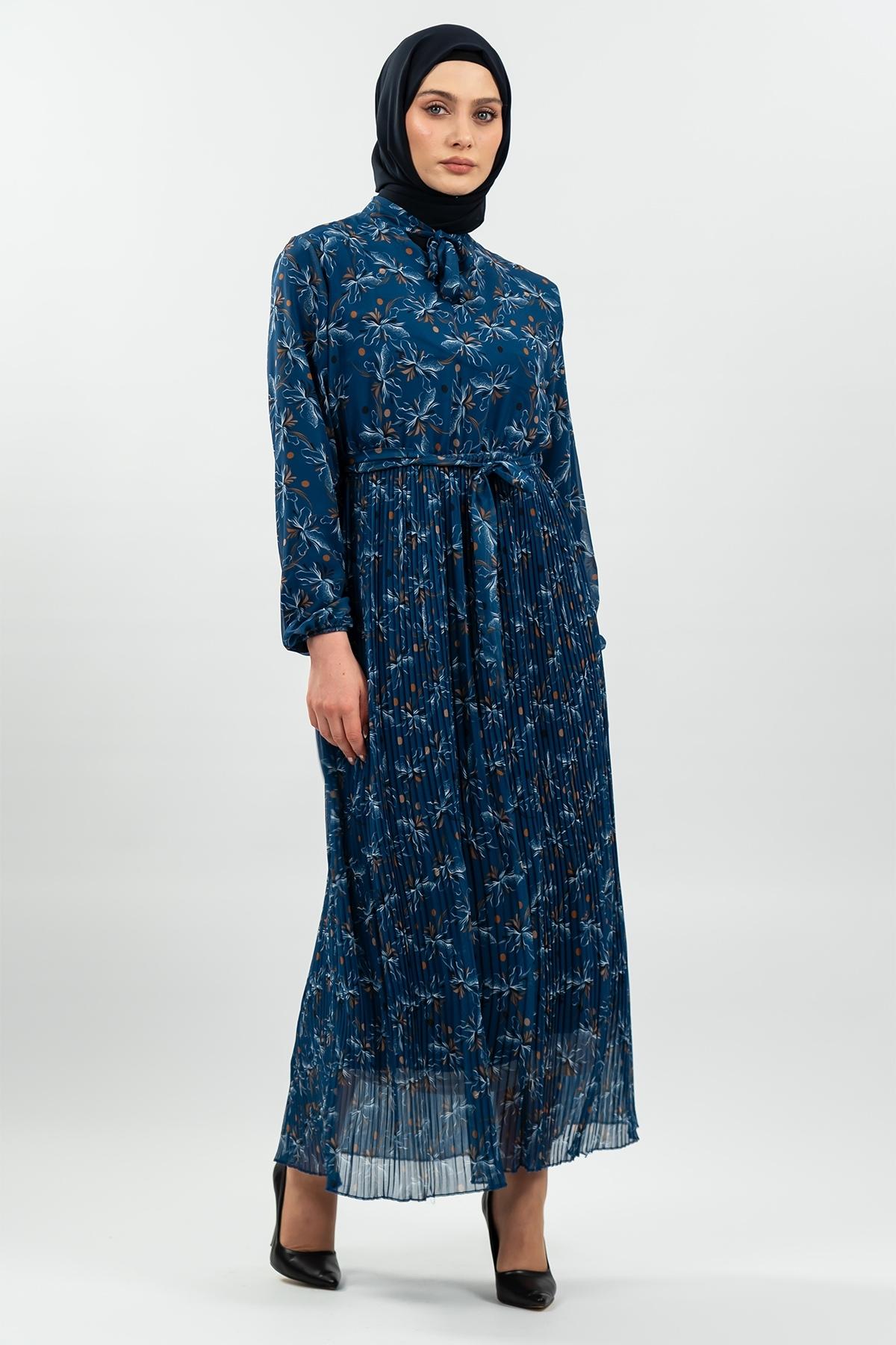 Desenli Indigo Tesettür Elbise