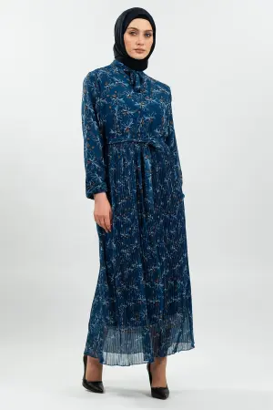 Desenli Indigo Tesettür Elbise