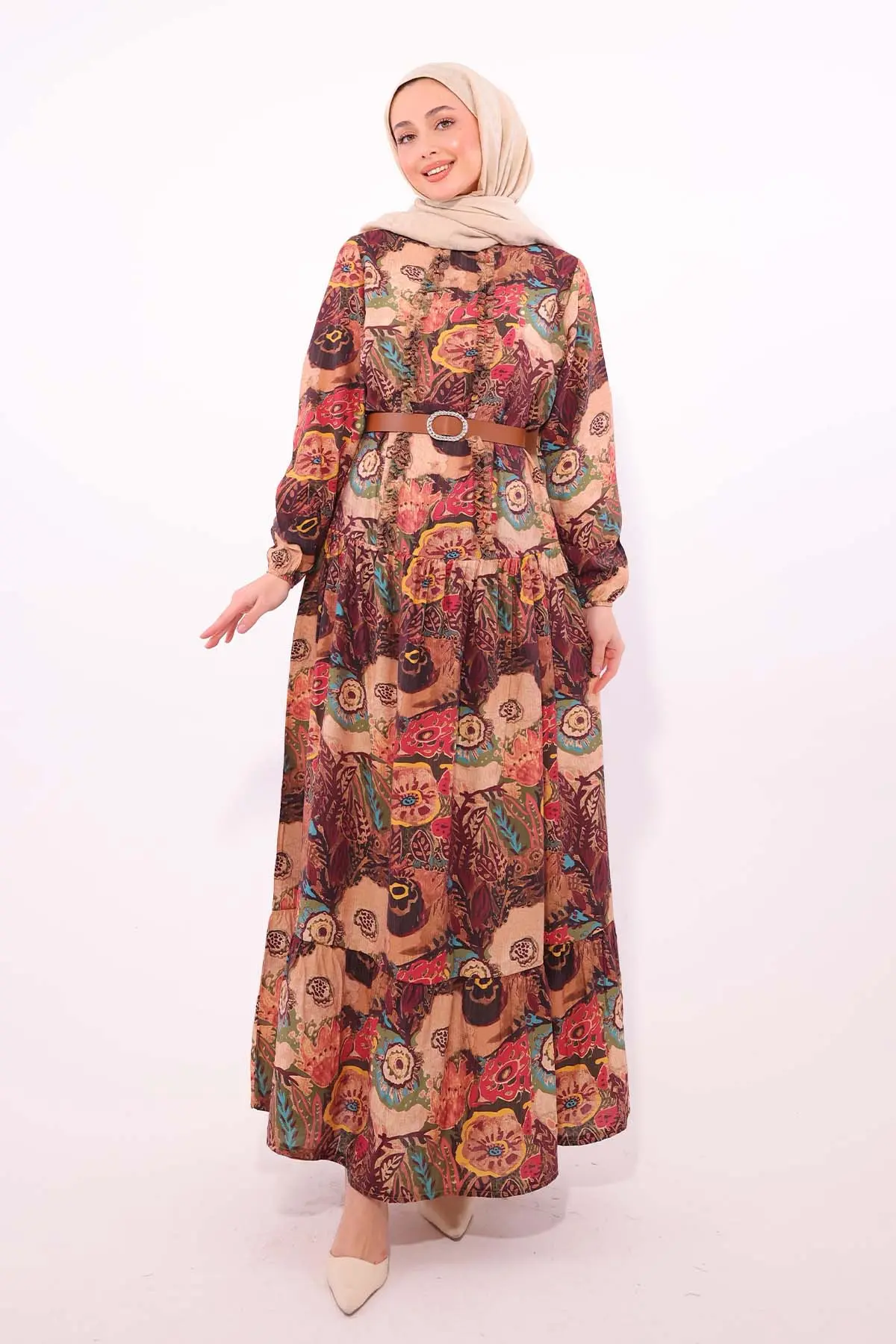 Desenli Kemerli Elbise Bordo 4830-detail