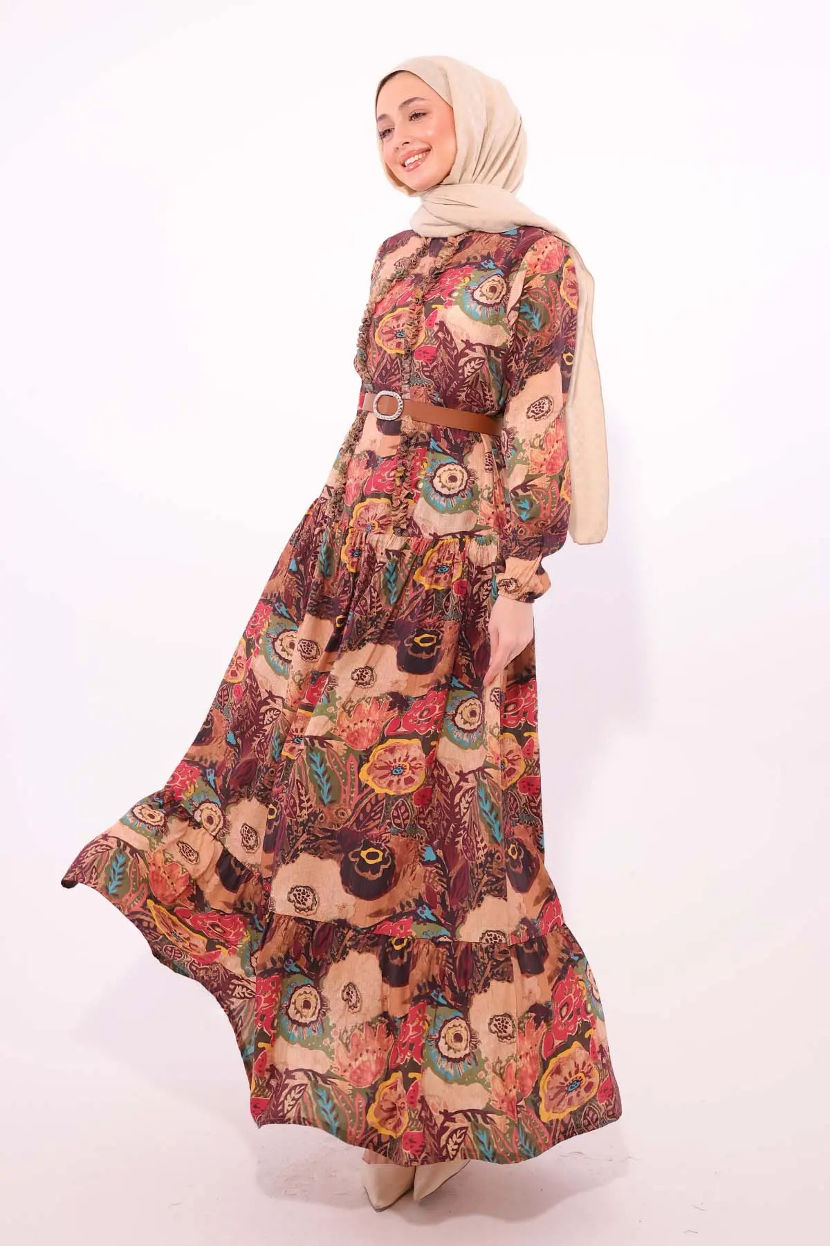 Desenli Kemerli Elbise Bordo 4830-detail