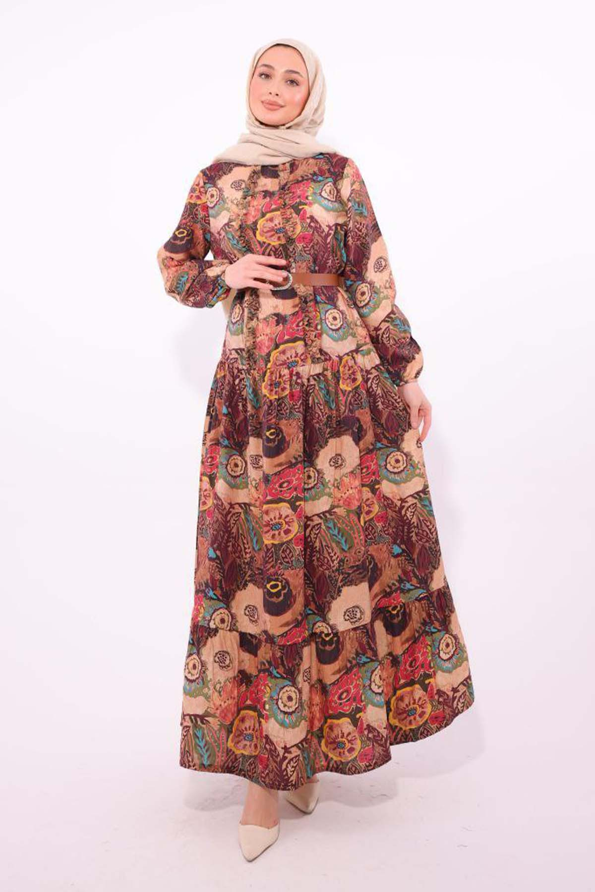 Desenli Kemerli Elbise Bordo 4830