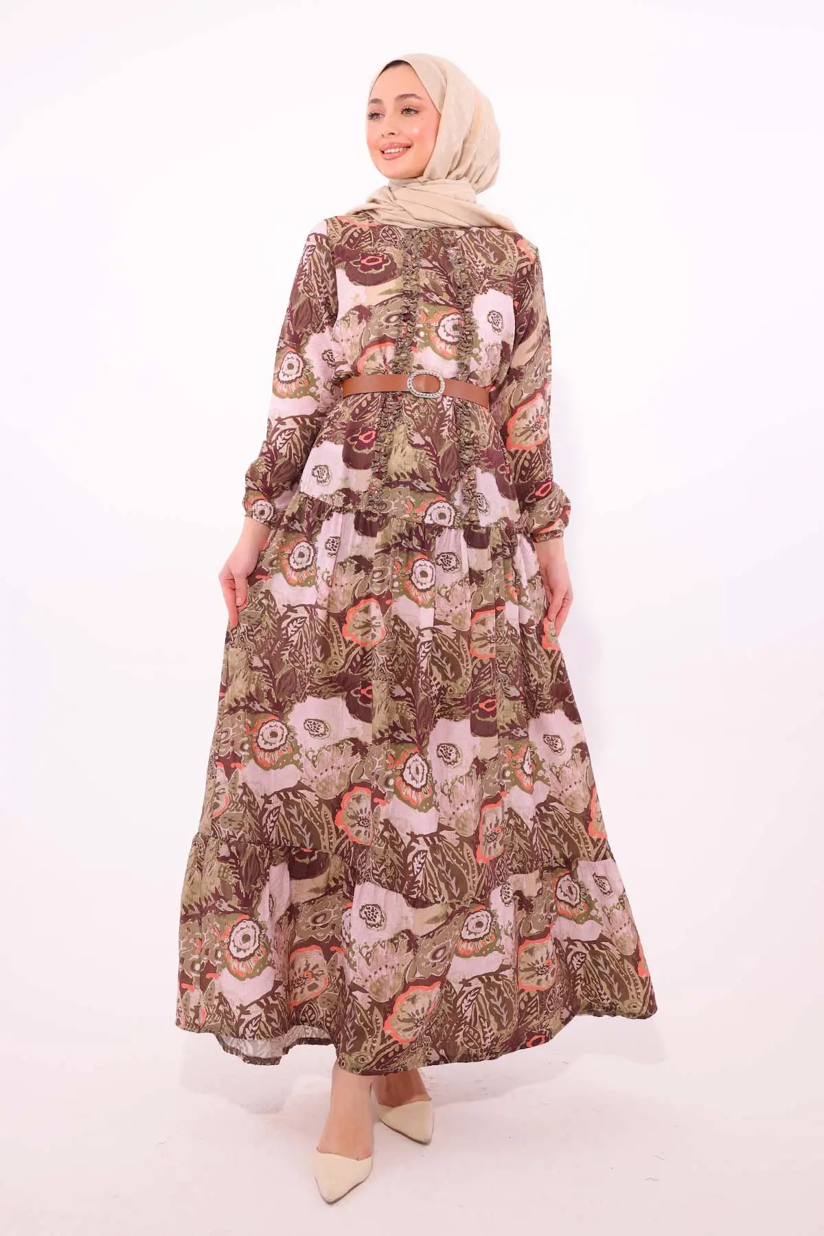 Desenli Kemerli Elbise Haki 4830-detail