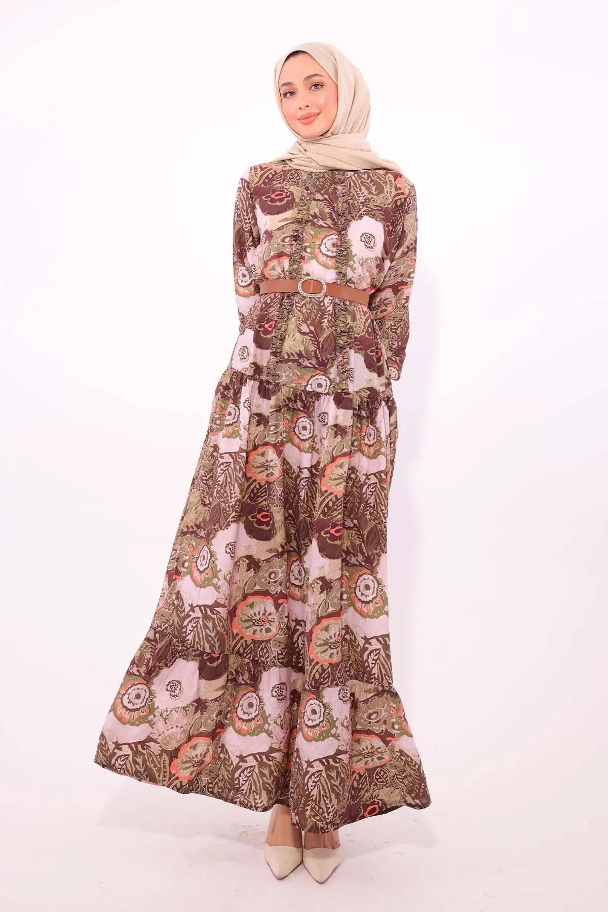 Desenli Kemerli Elbise Haki 4830-detail