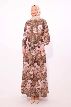 Desenli Kemerli Elbise Haki 4830