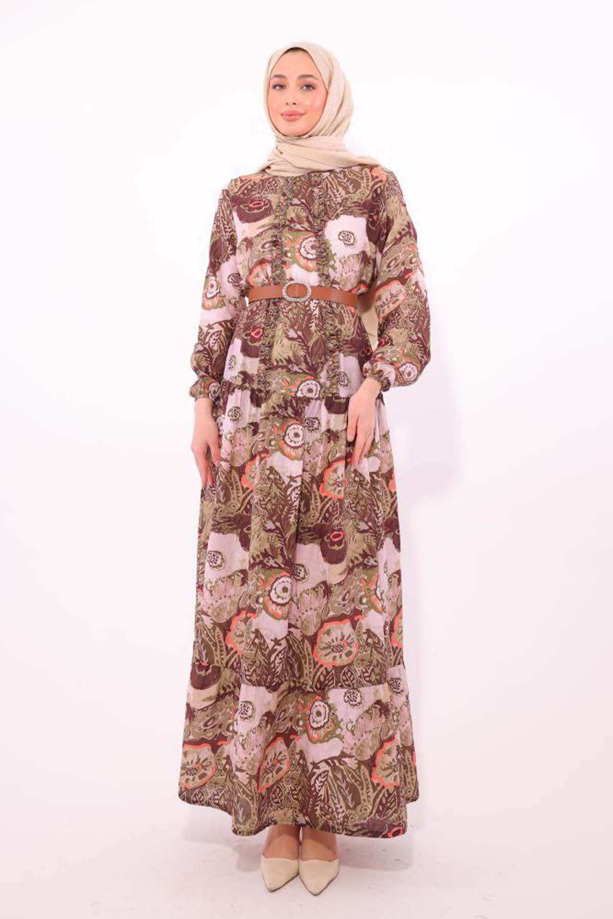 Desenli Kemerli Elbise Haki 4830
