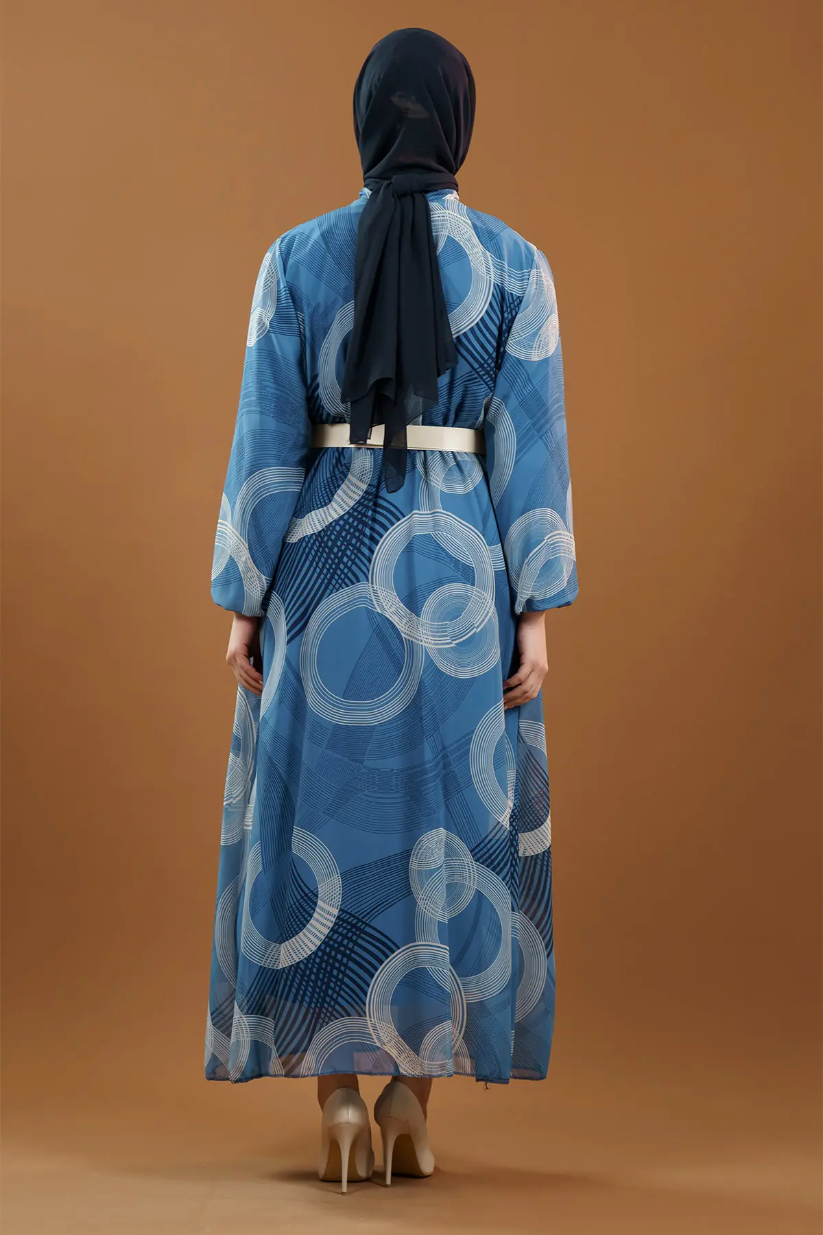 Desenli Kemerli Lacivert Tesettür Elbise-detail