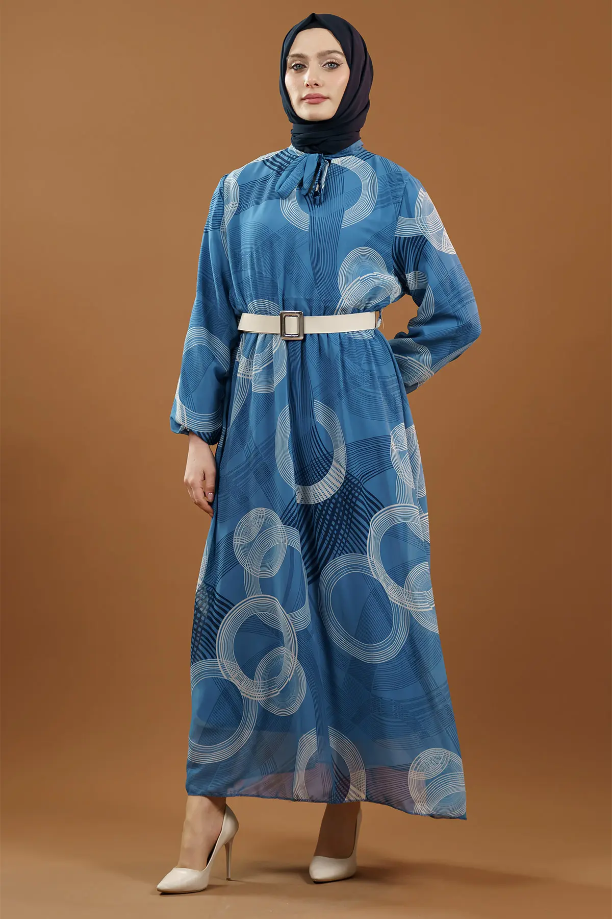 Desenli Kemerli Lacivert Tesettür Elbise-detail