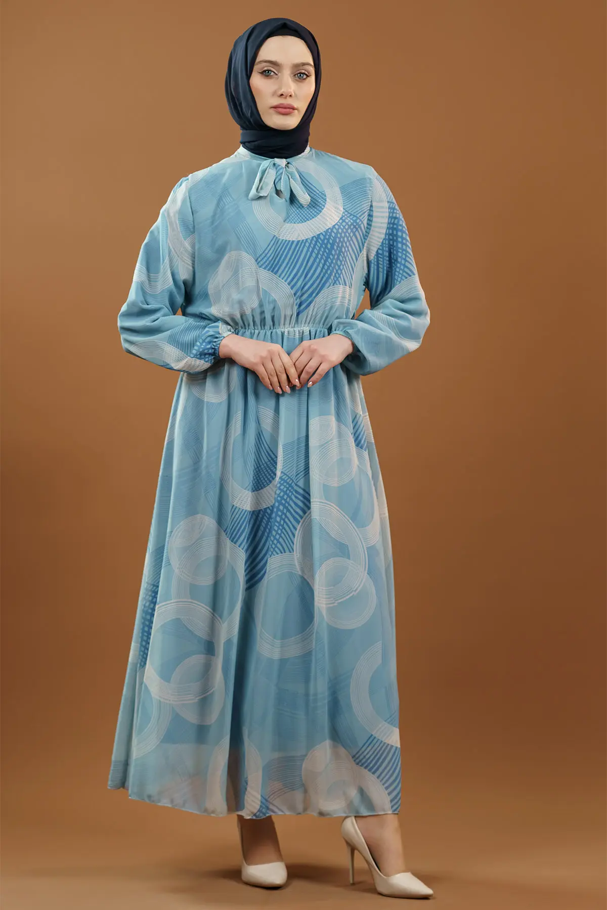 Desenli Kemerli Mavi Tesettür Elbise-detail