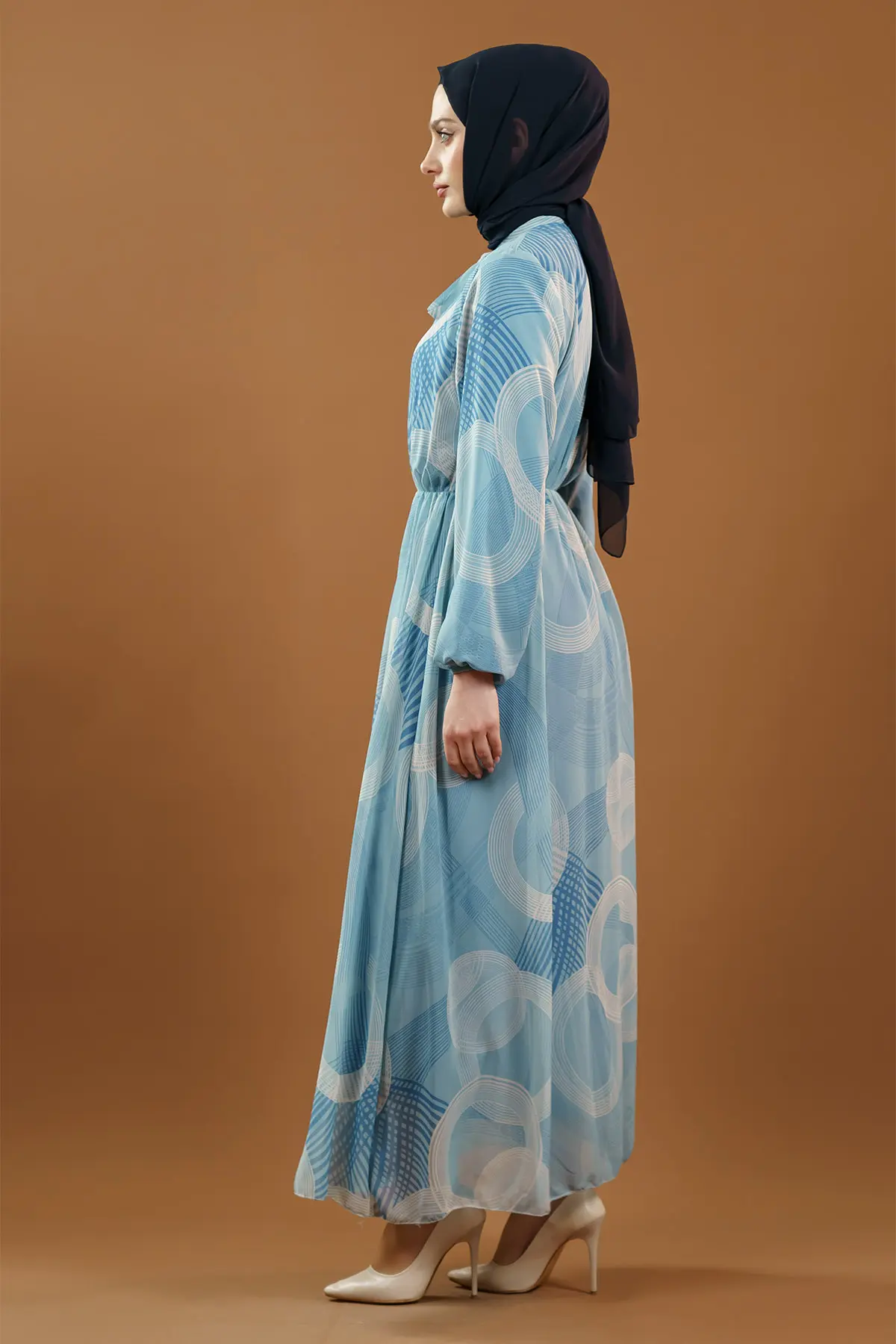 Desenli Kemerli Mavi Tesettür Elbise-detail