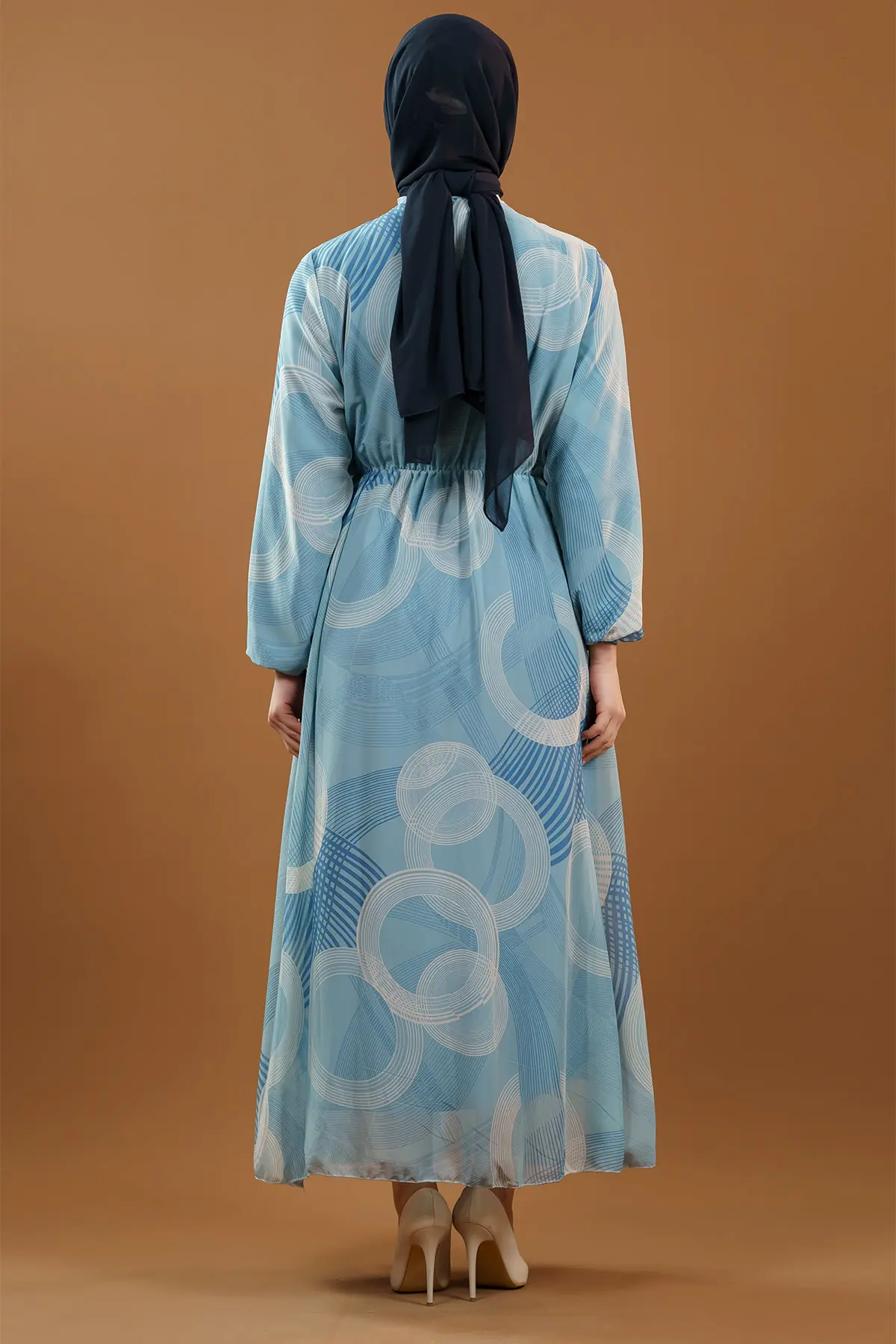 Desenli Kemerli Mavi Tesettür Elbise-detail