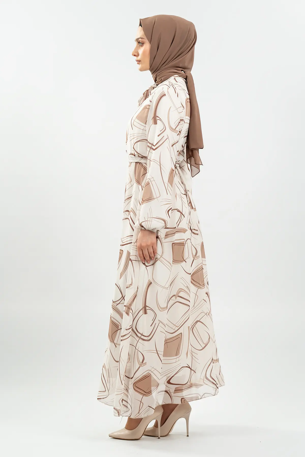 Desenli Krem Tesettür Elbise-detail