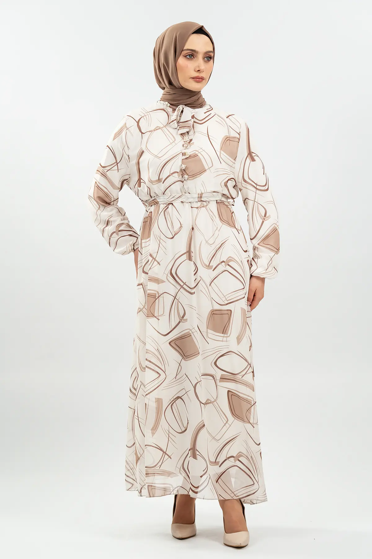 Desenli Krem Tesettür Elbise-detail