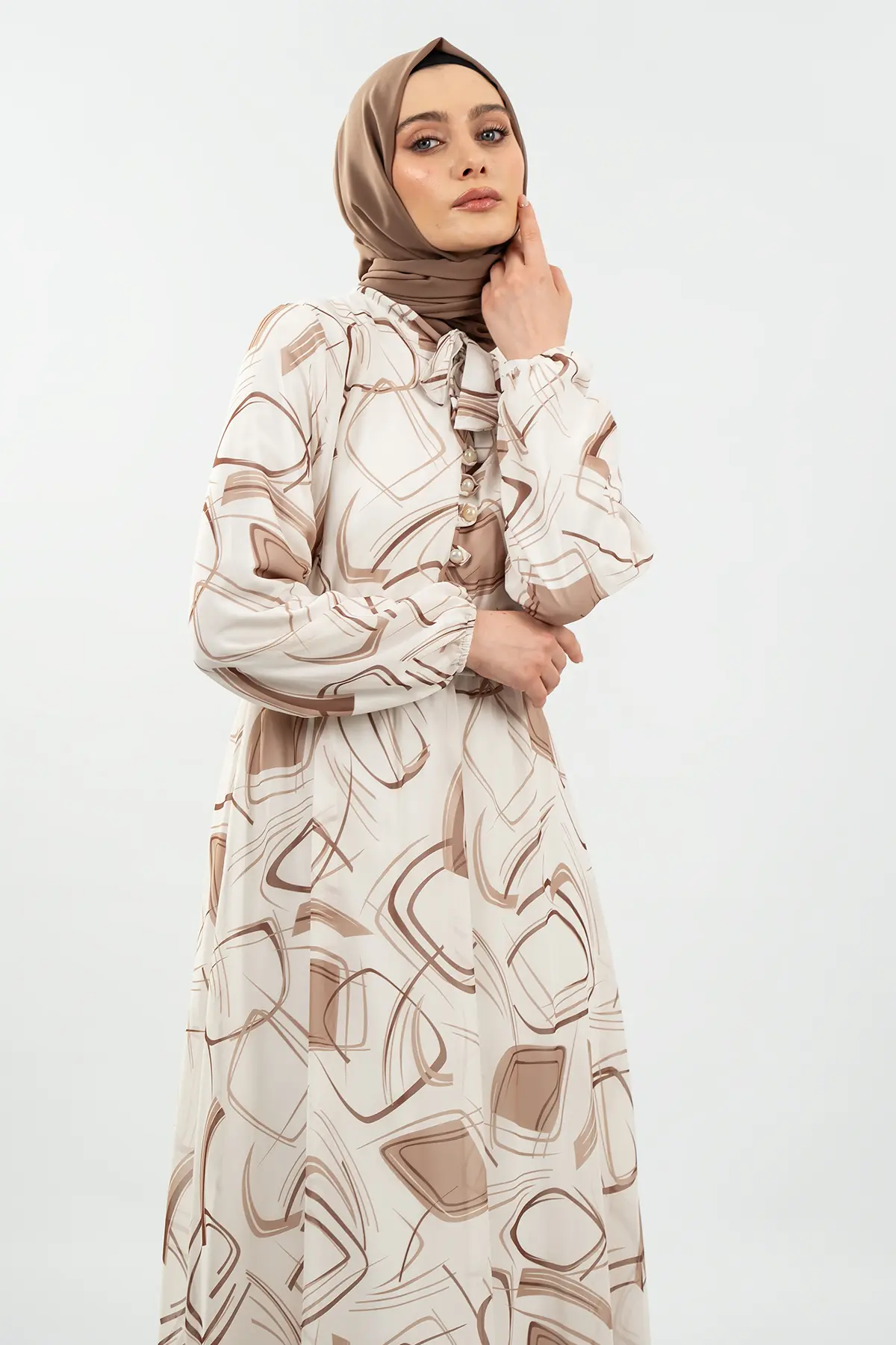 Desenli Krem Tesettür Elbise-detail