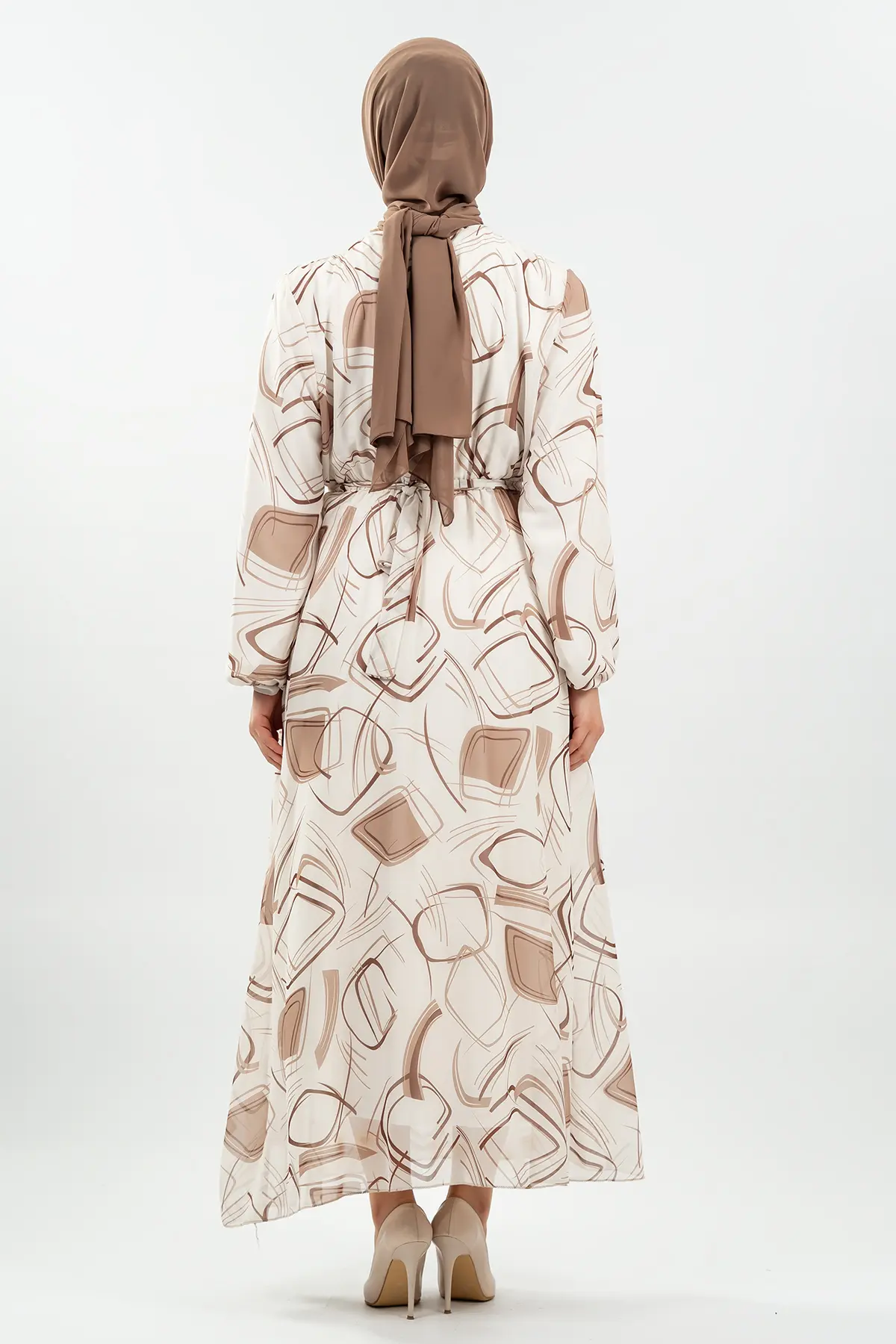 Desenli Krem Tesettür Elbise-detail