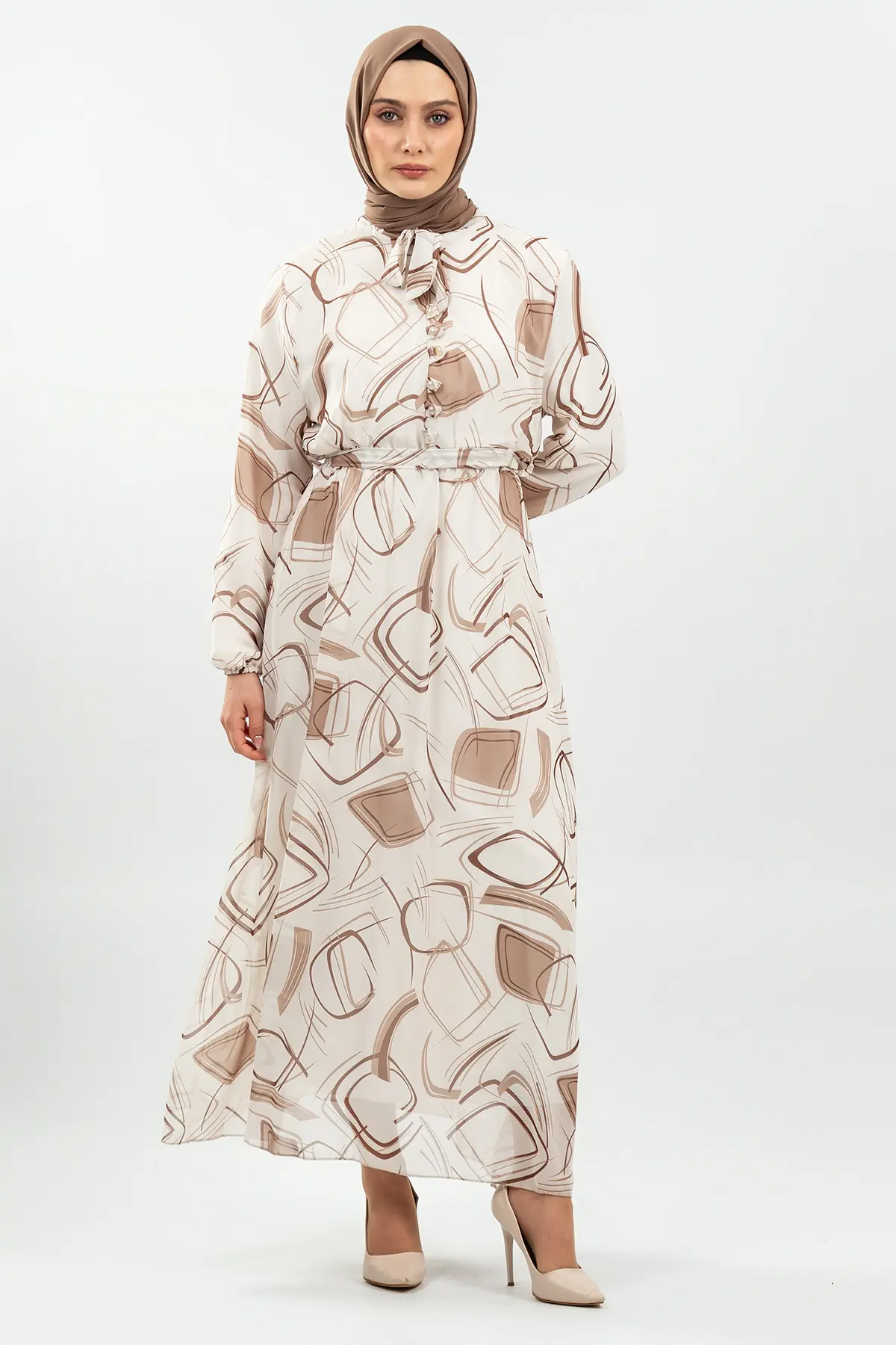 Desenli Krem Tesettür Elbise-detail