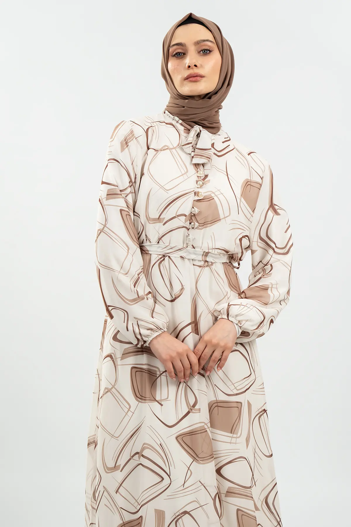 Desenli Krem Tesettür Elbise-detail