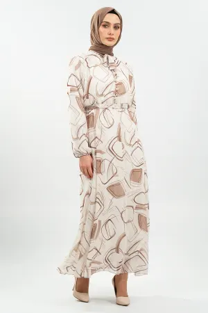Desenli Krem Tesettür Elbise
