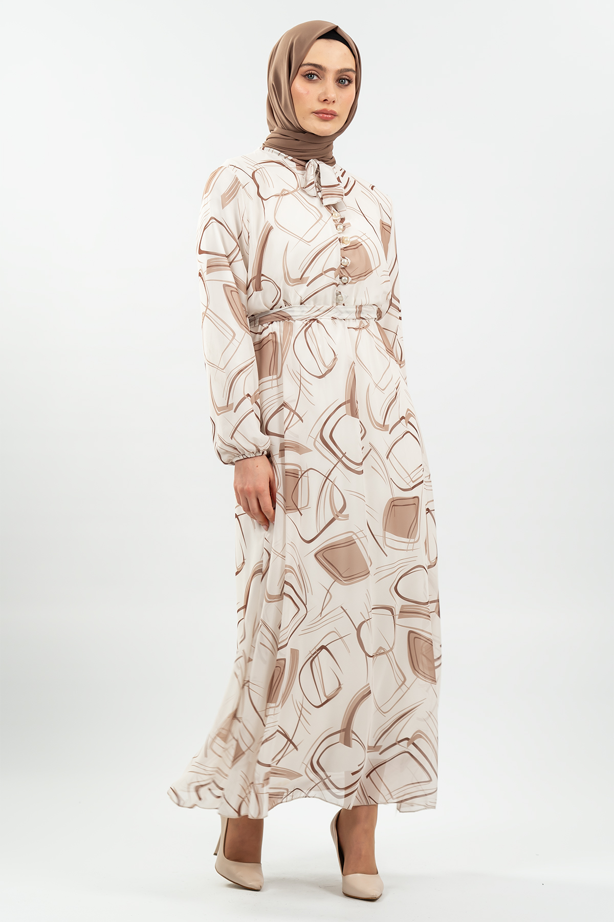 Desenli Krem Tesettür Elbise