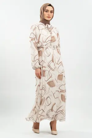 Desenli Krem Tesettür Elbise