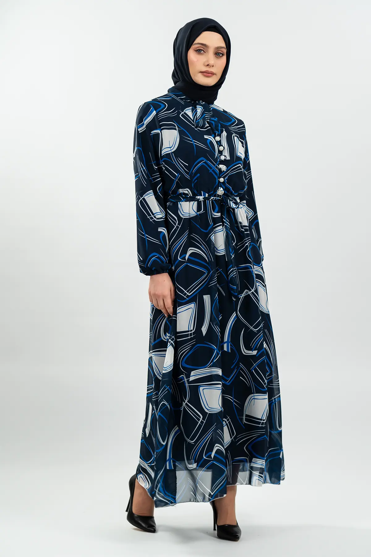 Desenli Lacivert Tesettür Elbise-detail
