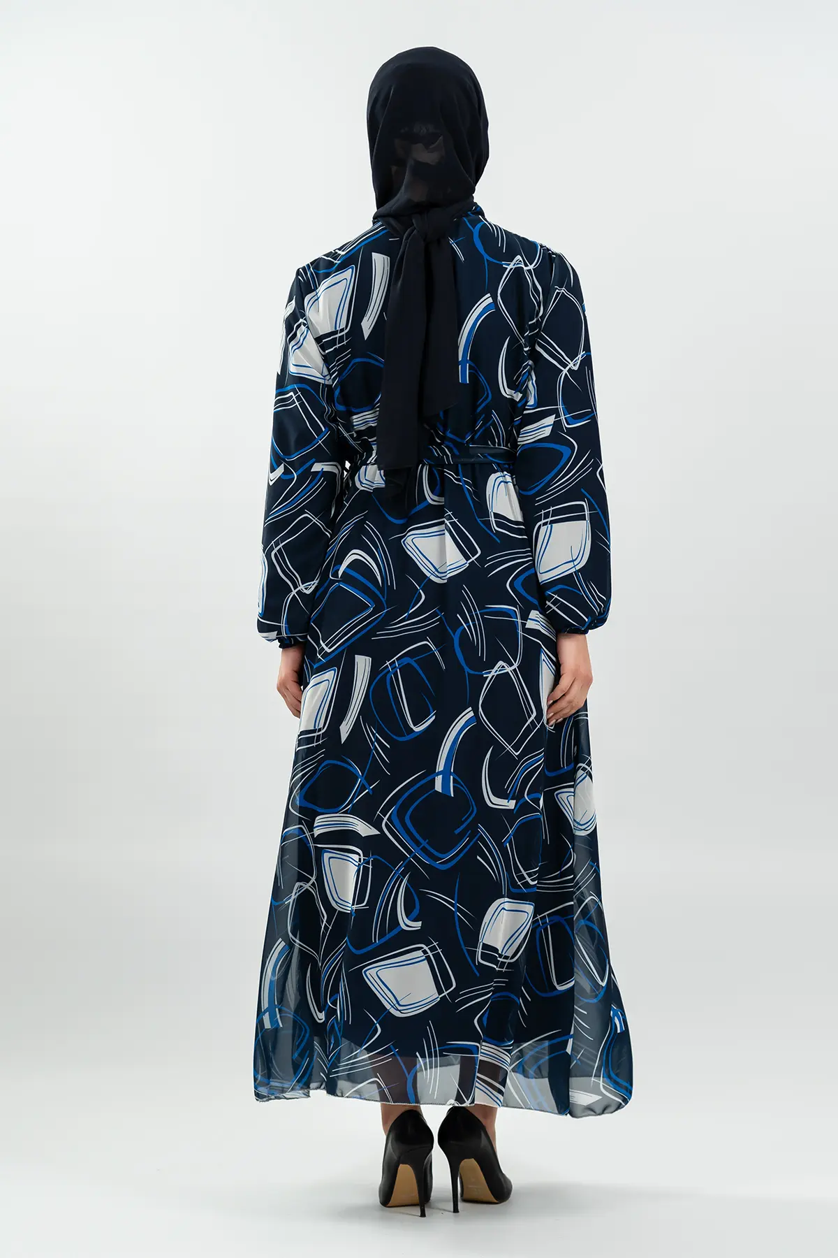 Desenli Lacivert Tesettür Elbise-detail