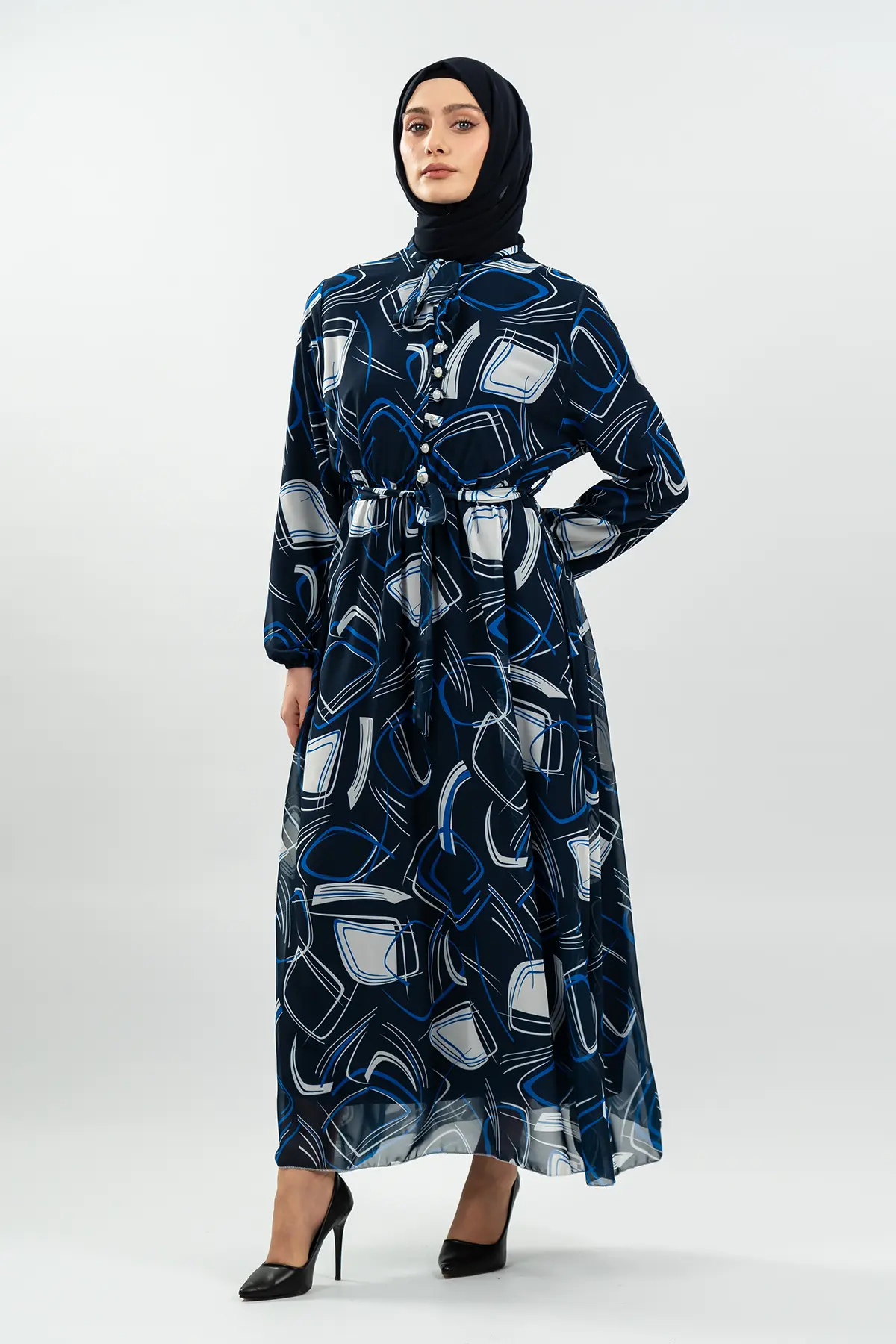 Desenli Lacivert Tesettür Elbise-detail