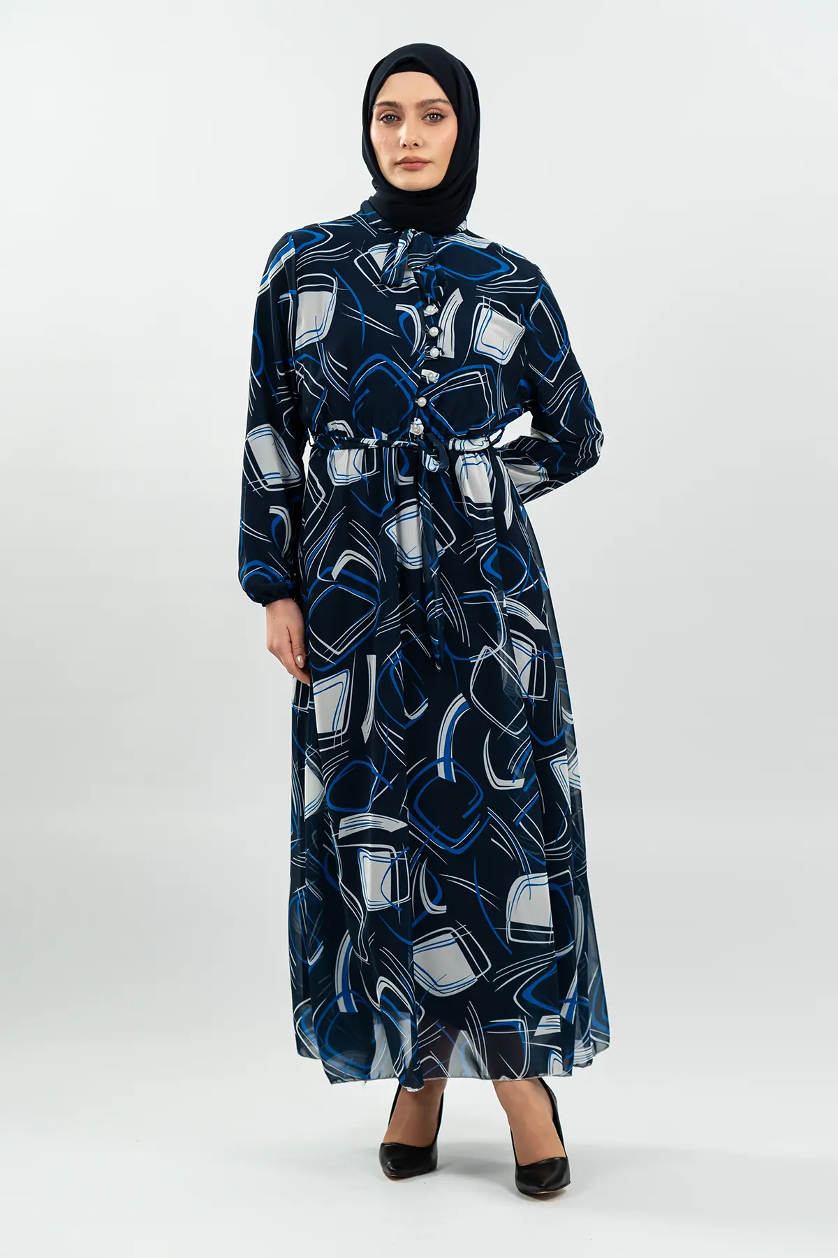 Desenli Lacivert Tesettür Elbise-detail