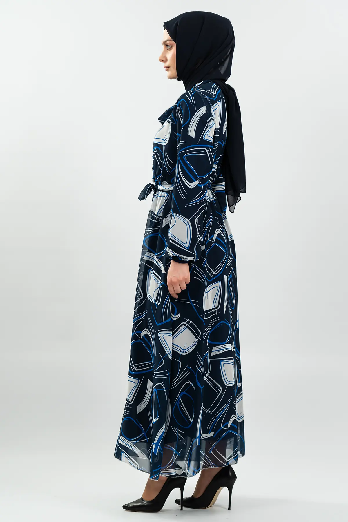 Desenli Lacivert Tesettür Elbise-detail